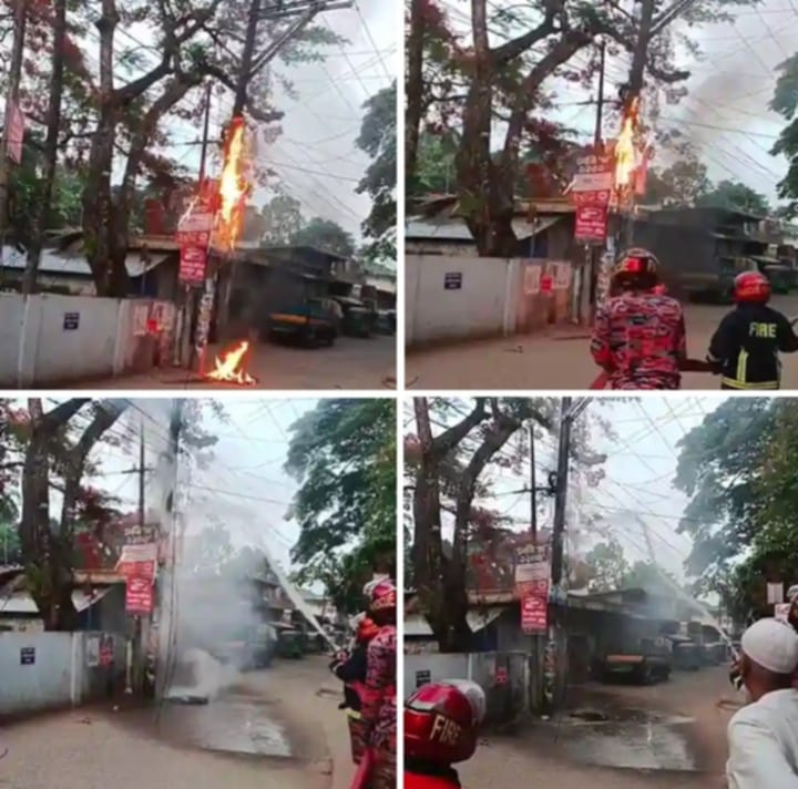 চট্টগ্রামের মীরসরাই উপজেলা ভূমি অফিসের পাশে সড়কের কোলঘেঁষা একটি বৈদ্যুতিক খুঁটিতে অগ্নিকাণ্ডের ঘটনায় আতংক
