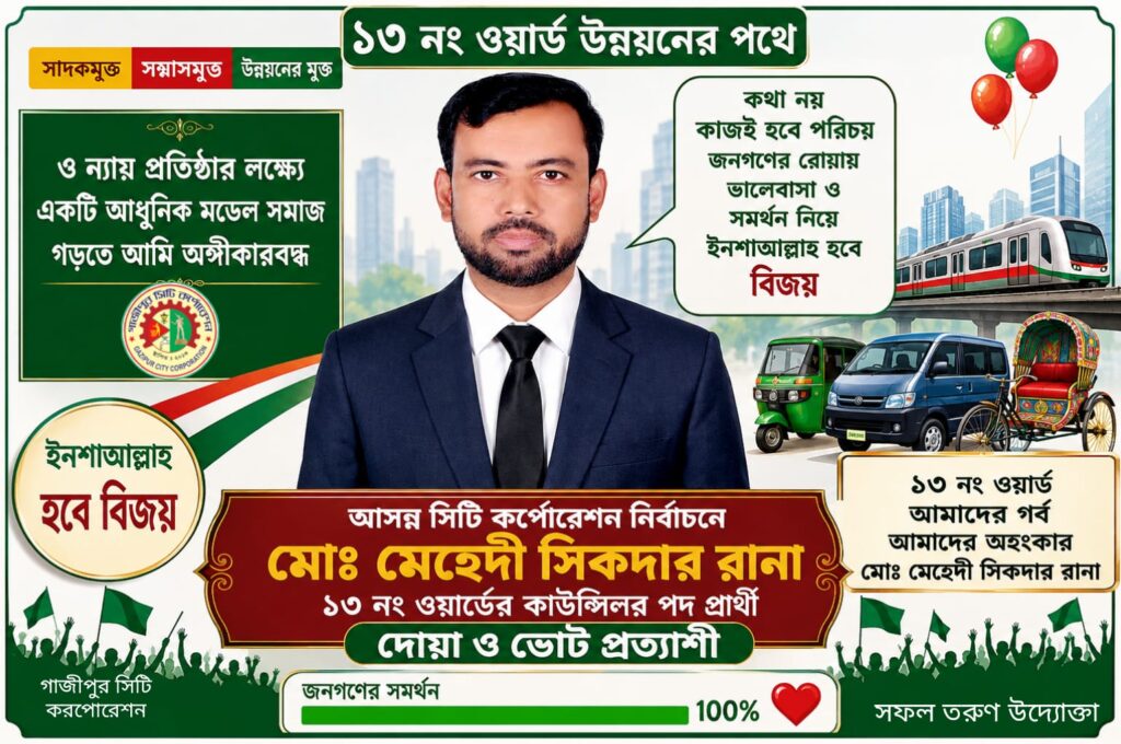 আসন্ন গাজীপুর সিটি কর্পোরেশন নির্বাচনে ১৩ নং ওয়ার্ডের কাউন্সিলর পদে আলোচনায় মেহেদী সিকদার রানা