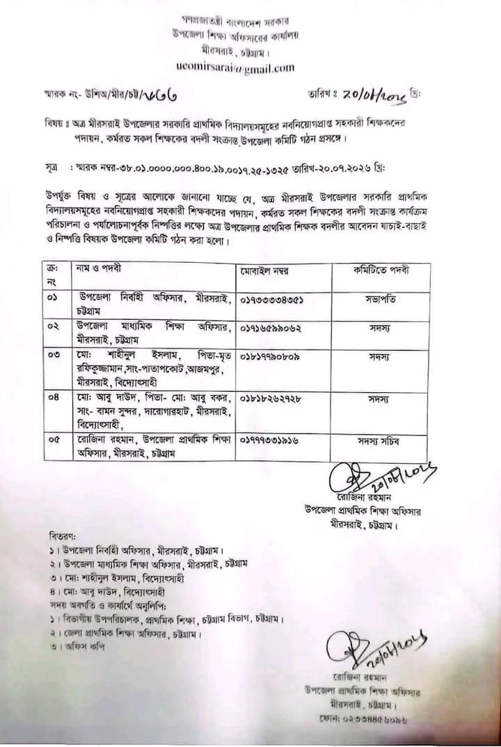 চট্টগ্রামে মীরসরাইতে সরকারি প্রাথমিক বিদ্যালয়ের শিক্ষক/শিক্ষিকা সংক্রান্ত বিষয়ে কমিটি গঠন নিয়ে মিশ্র প্রতিক্রিয়া